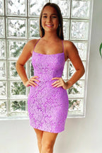 Vestido corto de encaje sirena morado ajustado con cordones para regreso a casa