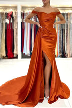 Mermaid Satin Off-the-Shoulder Prom Dresses With Train Evening Dresses