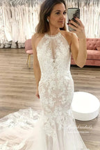 Meerjungfrauen-Brautkleid aus Tüll, ärmellos, mit Neckholder und Spitzenapplikationen