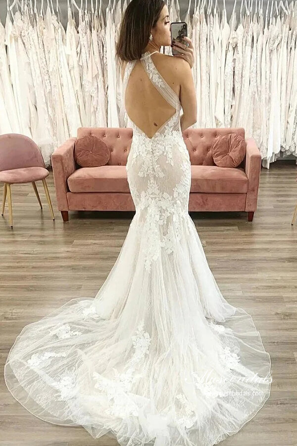 Mermaid Tulle Halter Sleeveless Lace Appliques Wedding Dresses