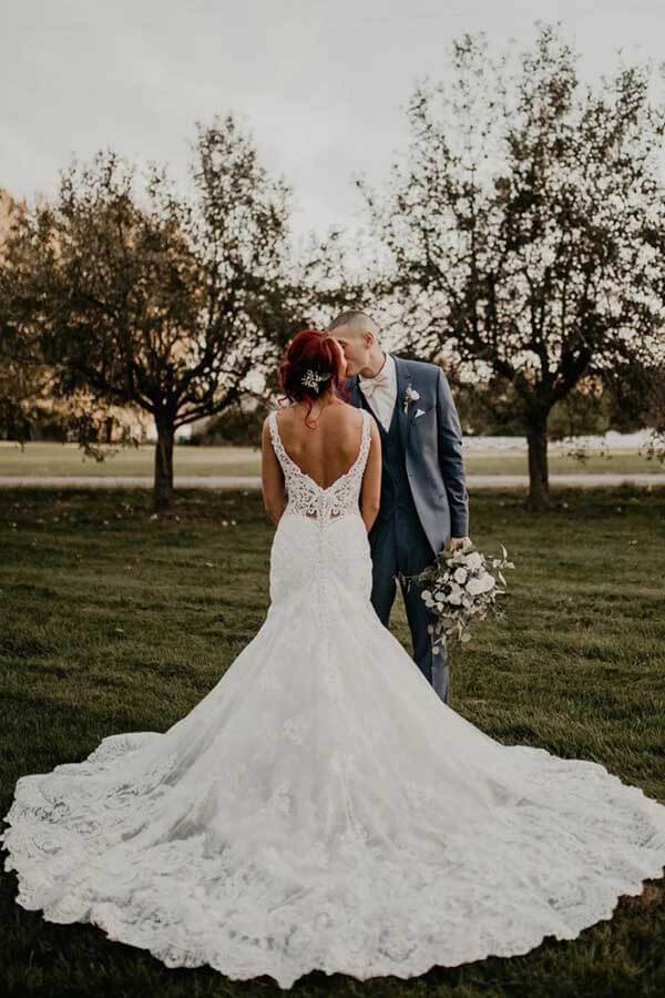 Mermaid V-neck Lace Beaded Wedding Dresses With Train, Bridal Gown