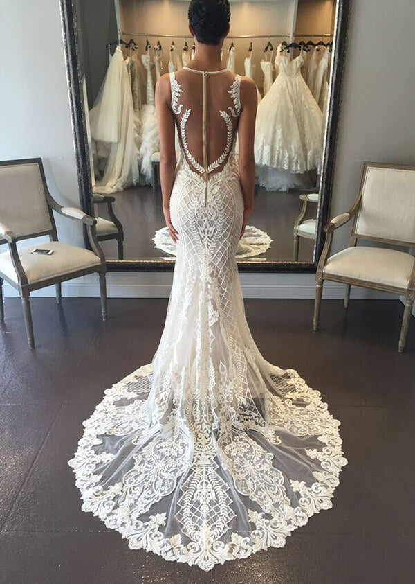 Mermaid V-neck Lace Wedding Dresses With Court Train, Wedding Gown