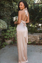 Mermaid Halter Champagne Long Bridesmaid Dress with Slit