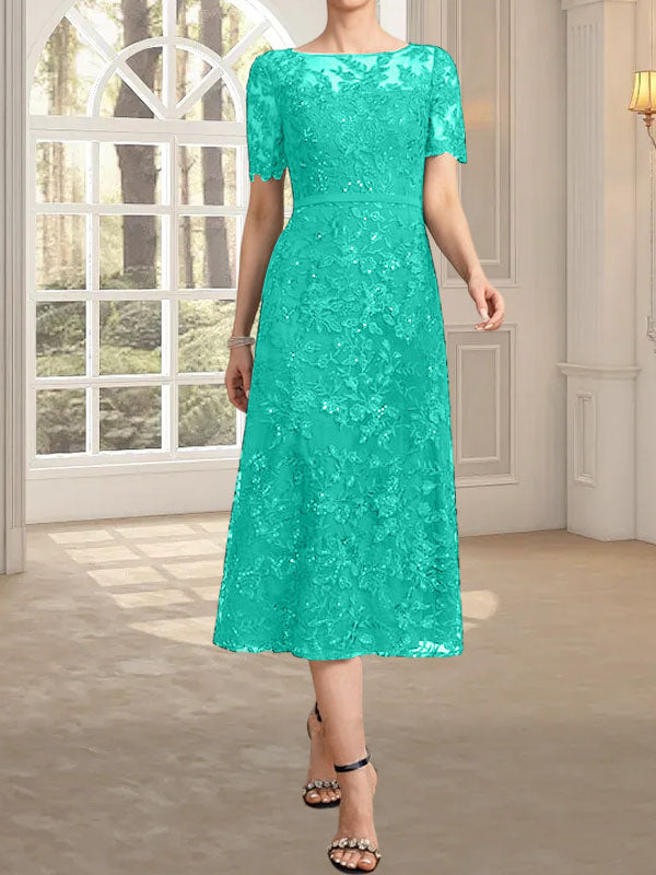Vestido de encaje para madre de la novia con lentejuelas, corte A, escote ilusión, largo hasta la rodilla