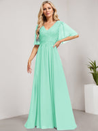 A-Linien-Kleid aus Chiffon mit V-Ausschnitt, bodenlang, mit Pailletten besetzt – ideal für die Mutter der Braut 