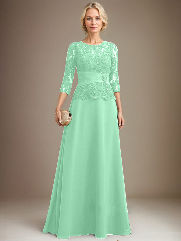 Vestido de gasa con encaje y escote en A, ilusión, largo hasta el suelo, para madre de la novia, con lentejuelas plisadas y abalorios 