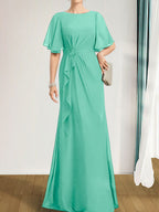 A-Linien-Kleid aus Chiffon in Bodenlänge für die Mutter der Braut mit kaskadenartigen Rüschen, Perlen und Pailletten