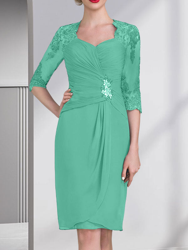 Vestido de gasa para madre de la novia, con escote en forma de corazón, largo hasta la rodilla, con apliques de cuentas, encaje y lentejuelas, plisado.