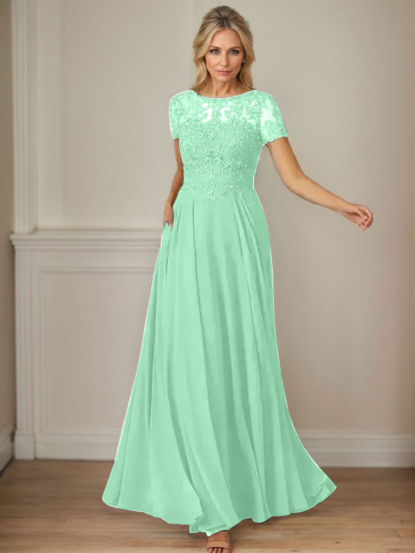 Dunkelblaues A-Linien-Pailletten-Chiffonkleid mit U-Boot-Ausschnitt 