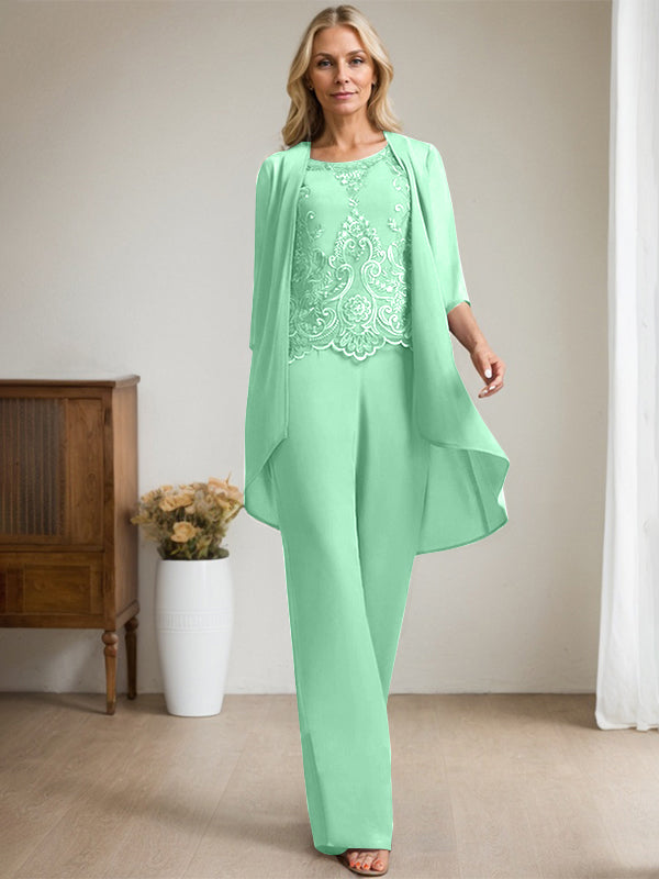Vestido de madre de la novia de gasa con encaje, escote redondo y lentejuelas y mono/pantalón separado 