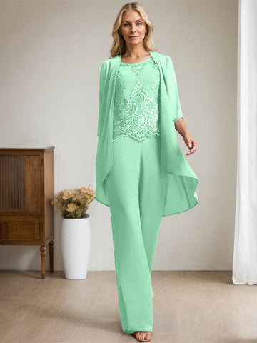 Zweiteiliges Jumpsuit-/Hosenanzug-Set, bodenlanges Chiffon-Spitzenkleid mit Perlen- und Paillettenstickerei für die Mutter der Braut 