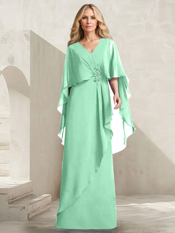 A-Linien-Kleid aus Chiffon mit V-Ausschnitt, bodenlang, mit Kaskadenrüschen und Perlenstickerei für die Mutter der Braut. 