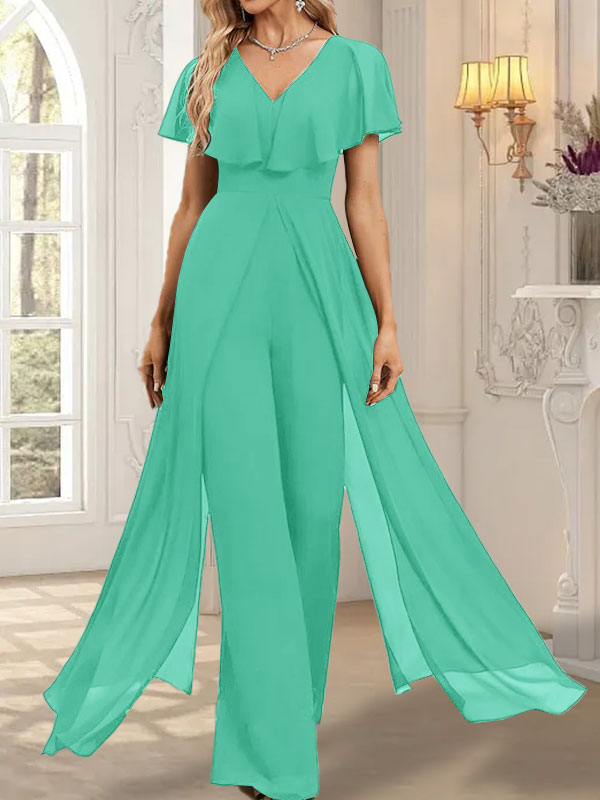 Jumpsuit/Hosenanzug, bodenlanges Chiffon-Abendkleid mit V-Ausschnitt