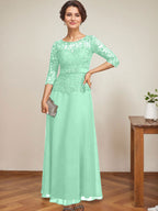 A-Linien-Kleid mit U-Boot-Ausschnitt, Illusion-Detail, knöchellang, aus Chiffon und Spitze mit Strassperlen für die Mutter der Braut. 