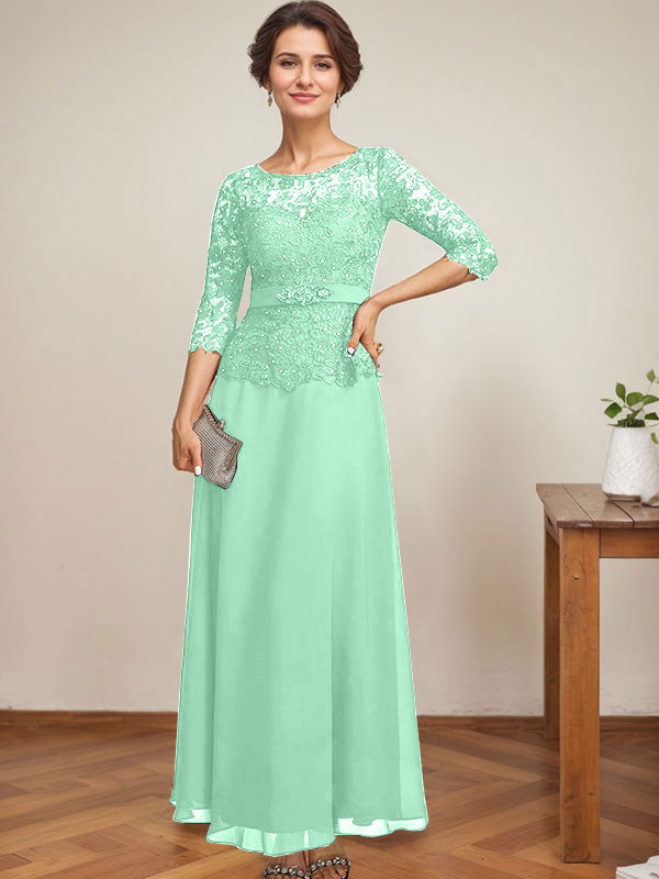 Vestido de gasa con encaje y escote ilusión hasta los tobillos para madre de la novia con cuentas de diamantes de imitación 