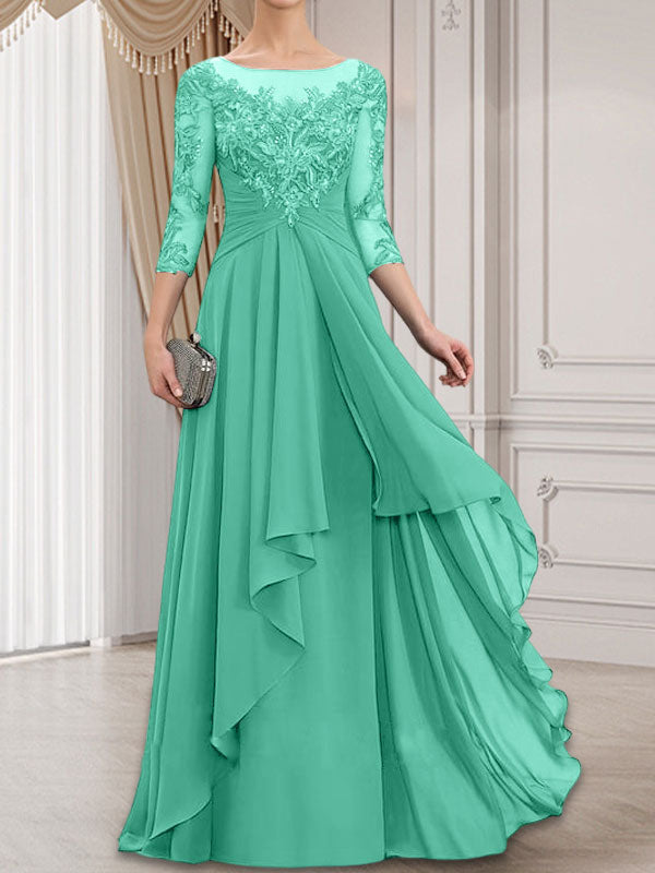 Vestido de gasa con encaje y volantes en cascada para madre de la novia, corte A, escote ilusión, largo hasta el suelo