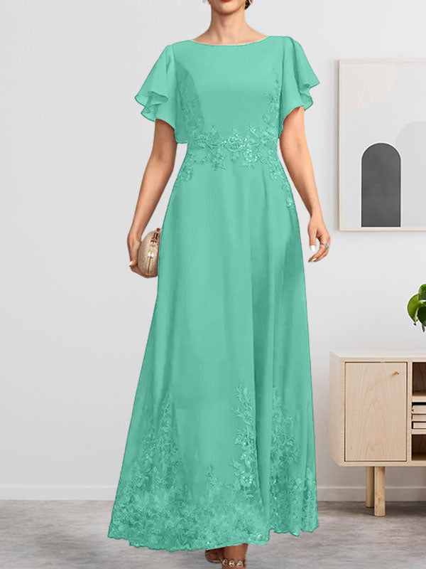 A-Linien-Kleid mit Rundhalsausschnitt, knöchellang, aus Spitze und Chiffon, mit Pailletten besetzt