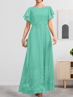 A-Linien-Kleid mit Rundhalsausschnitt, knöchellang, aus Spitze und Chiffon, mit Pailletten besetzt