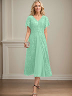 A-Linien-Kleid aus Chiffon mit V-Ausschnitt und Teelänge für die Mutter der Braut 