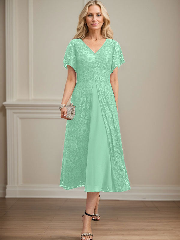A-Linien-Kleid aus Chiffon mit V-Ausschnitt und Teelänge für die Mutter der Braut 