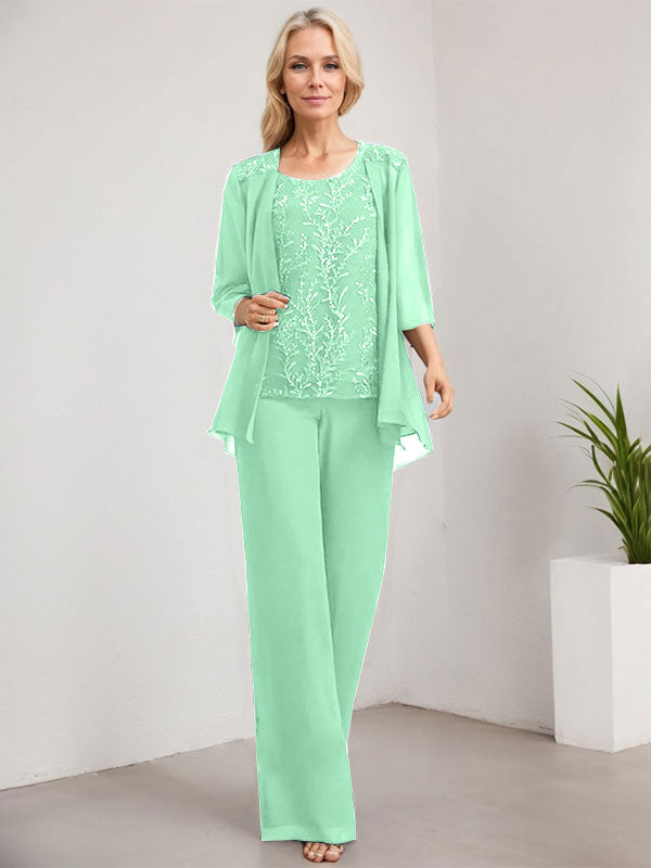 Vestido de madre de la novia de gasa con encaje y lentejuelas, con escote redondo y largo hasta el suelo, con mono/pantalón separado