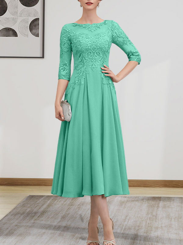 A-Linien-Kleid mit U-Boot-Ausschnitt, Illusion-Detail, Teelänge, Chiffonspitze, Perlenstickerei und Pailletten für die Mutter der Braut