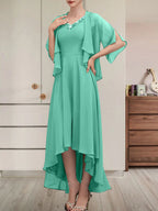 A-Linien-Kleid aus Chiffon mit V-Ausschnitt, asymmetrischem Muster und Perlen- und Paillettenbesatz für die Mutter der Braut