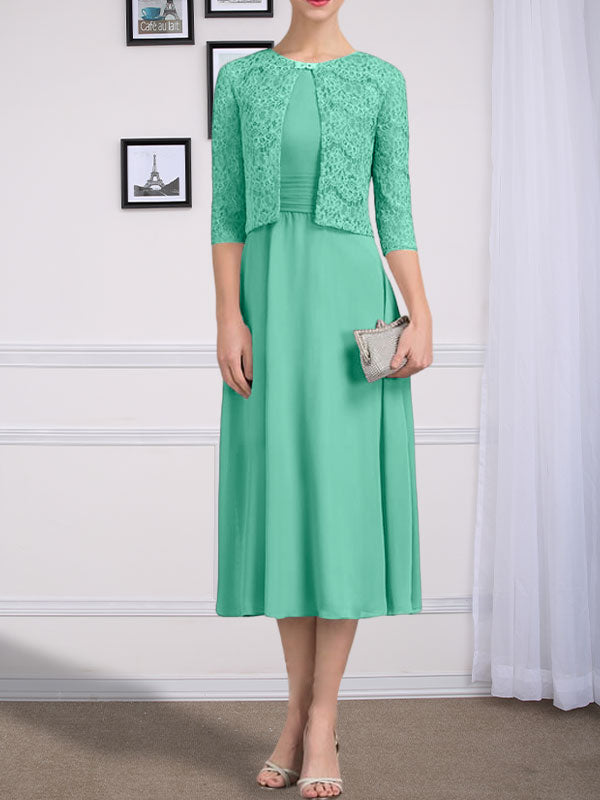 Vestido de gasa para madre de la novia, corte A, escote redondo, largo hasta la rodilla, con pliegues