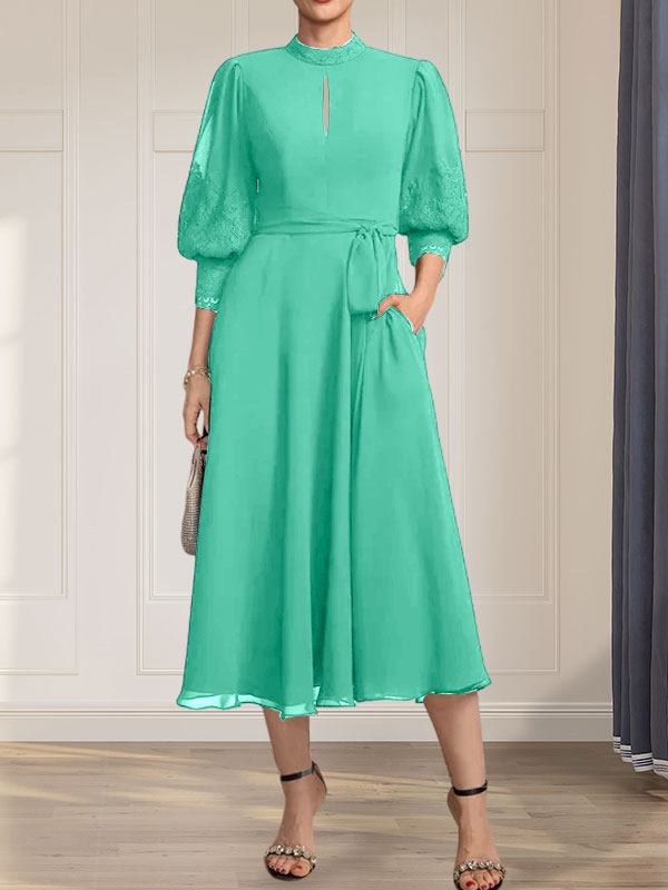 A-Linien-Kleid aus Chiffon mit hohem Kragen, Teelänge und Spitze für die Mutter der Braut, verziert mit einer Schleife