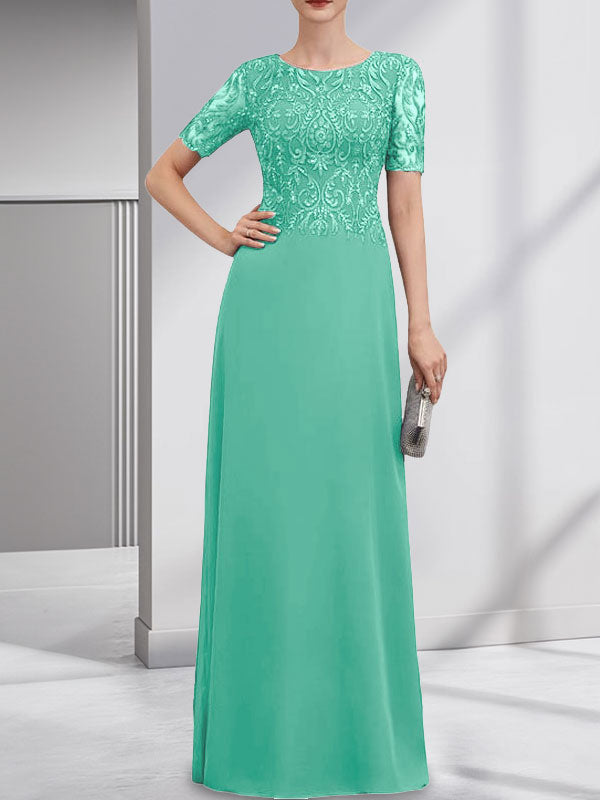 A-Linien-Kleid aus Chiffon mit Pailletten und Rundhalsausschnitt, bodenlang, für die Mutter der Braut