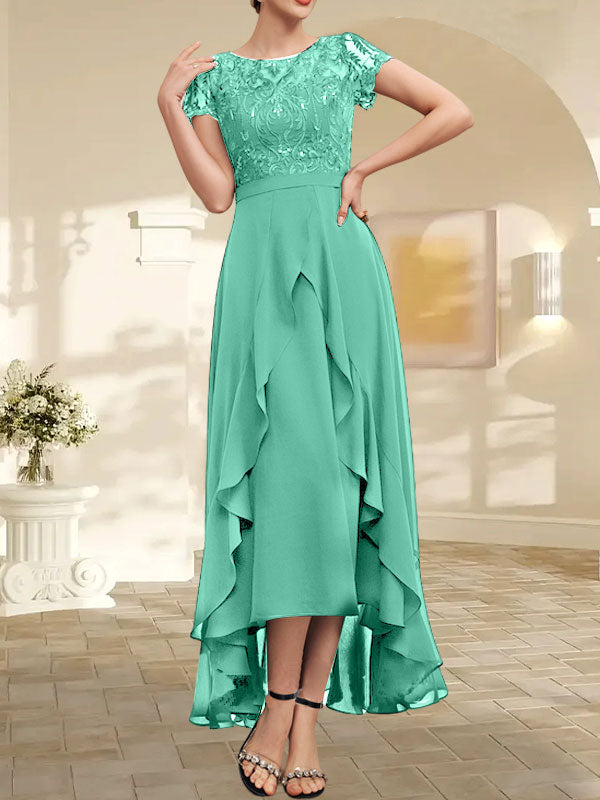 Vestido de madre de la novia de gasa asimétrica con escote en A, ilusión, encaje, lazo, volantes y lentejuelas 