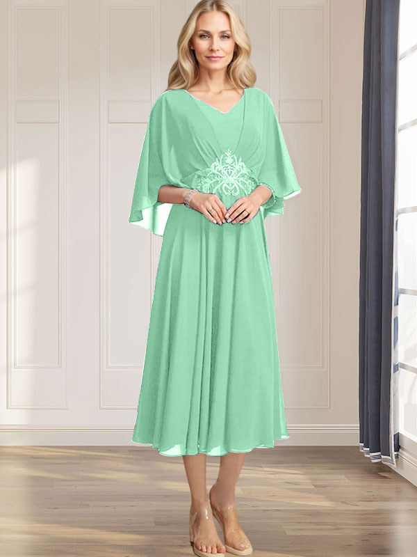 A-Linien-Kleid aus Chiffon mit V-Ausschnitt, Teelänge, plissierten Paillettenapplikationen und Perlenstickerei für die Mutter der Braut 