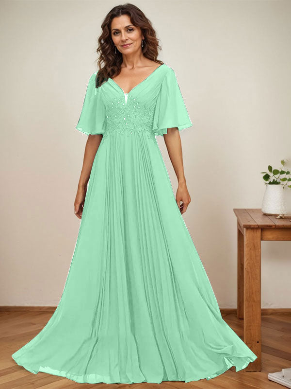 A-Linien-Kleid aus Chiffon mit V-Ausschnitt, bodenlang, mit Paillettenapplikationen, Spitze und Falten für die Mutter der Braut 