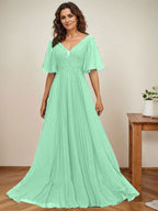 A-Linien-Kleid aus Chiffon mit V-Ausschnitt, bodenlang, mit Paillettenapplikationen, Spitze und Falten für die Mutter der Braut 