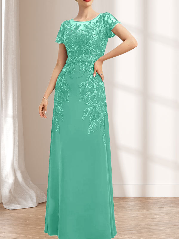Etuikleid/Säulenkleid mit Illusion-Ausschnitt, bodenlang, aus Chiffon und Spitze mit Pailletten für die Mutter der Braut