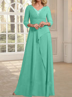 A-Linien-Kleid aus Chiffon mit V-Ausschnitt, bodenlang, für die Mutter der Braut, mit plissierter Perlenstickerei