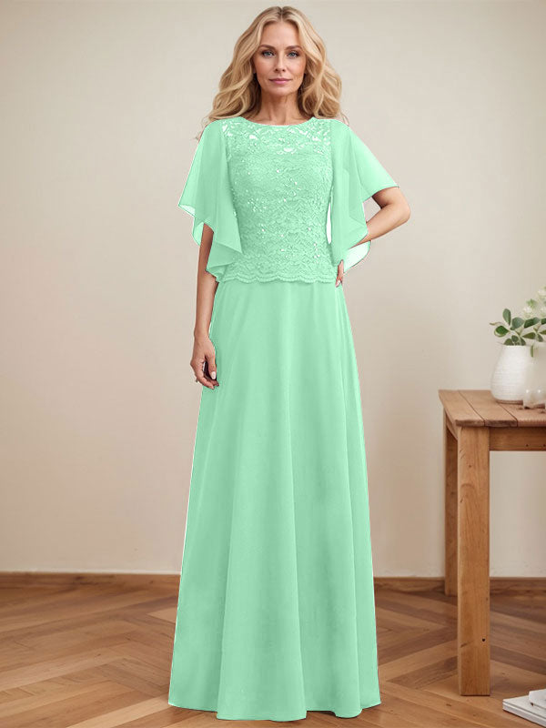 Vestido de madre de la novia de gasa con encaje, ilusión, largo hasta el suelo, corte A y lentejuelas 