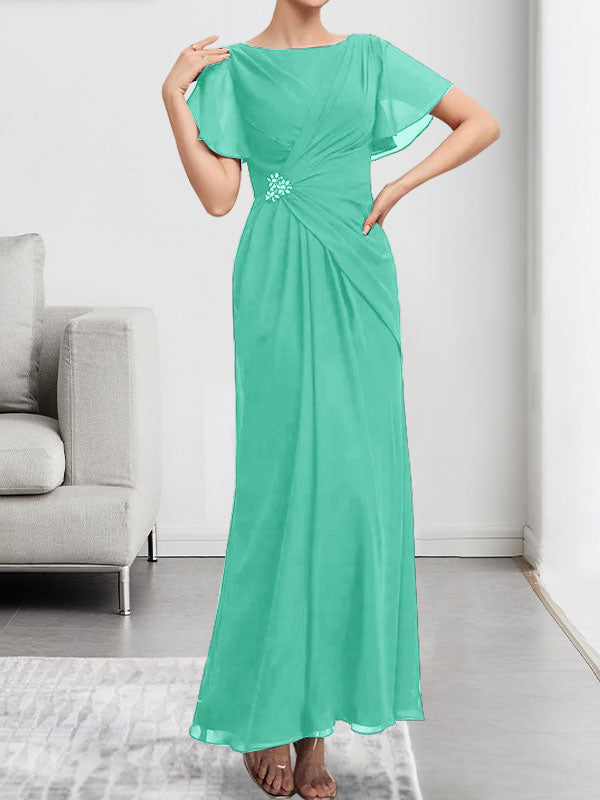 A-Linien-Chiffonkleid mit Rundhalsausschnitt, knöchellang, mit Perlenstickerei und Falten für die Mutter der Braut