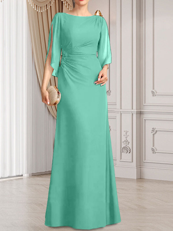 Etui-/Säulen-Chiffonkleid in Bodenlänge für die Mutter der Braut mit plissierter Perlenstickerei