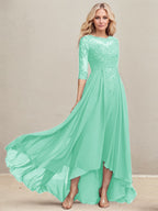 A-Linien-Kleid mit asymmetrischem Ausschnitt, Illusion-Effekt, Spitze und Chiffon, verziert mit plissierten Pailletten, ideal für die Mutter der Braut 