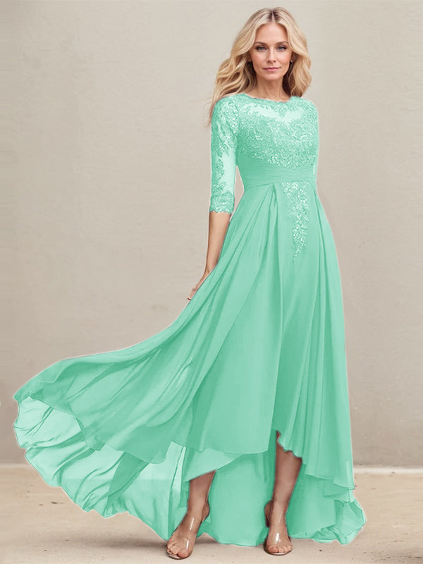 Vestido de madre de la novia de gasa con encaje asimétrico, ilusión, corte A y lentejuelas plisadas 