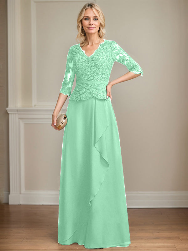 A-Linien-Kleid aus Chiffon mit V-Ausschnitt, bodenlang, mit Spitze, Kaskadenrüschen und Pailletten für die Mutter der Braut 