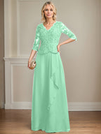 A-Linien-Kleid aus Chiffon mit V-Ausschnitt, bodenlang, mit Spitze, Kaskadenrüschen und Pailletten für die Mutter der Braut 
