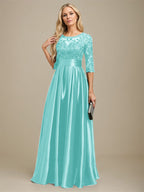 A-Linien-Kleid mit Illusion-Ausschnitt, bodenlang, aus Stretch-Satin und Spitze, verziert mit Schleife und Pailletten, für die Mutter der Braut 