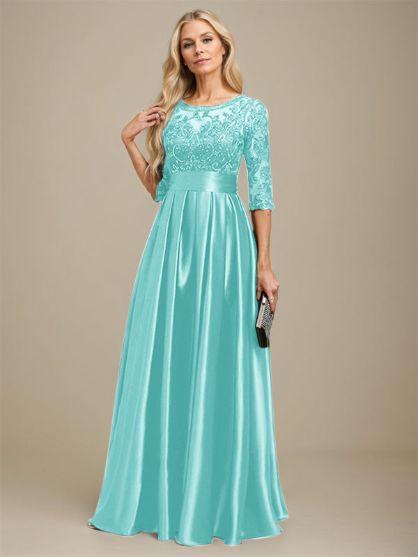 Vestido de madre de la novia de satén elástico con encaje, corte A, escote ilusión, largo hasta el suelo, con lazo y lentejuelas 