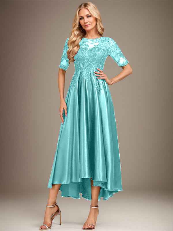 Vestido de madre de la novia de encaje satinado elástico asimétrico con ilusión de escote en A y lentejuelas 