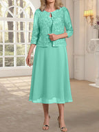 Vestido de gasa con encaje y lentejuelas para madre de la novia, corte A, escote redondo y largo hasta la rodilla 