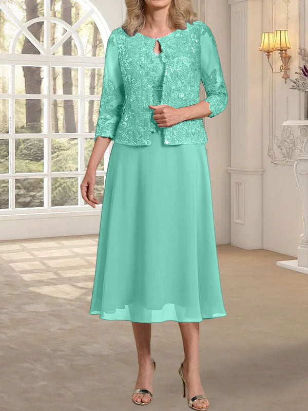 Vestido de gasa con encaje y lentejuelas para madre de la novia, corte A, escote redondo y largo hasta la rodilla 