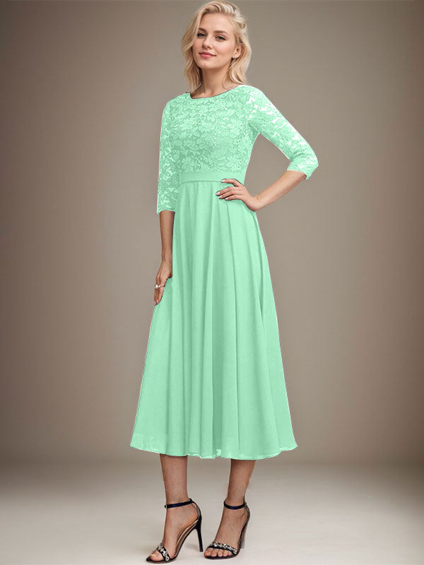 A-Linien-Kleid mit Rundhalsausschnitt, Teelänge, Spitze, Chiffon, Pailletten, für die Mutter der Braut