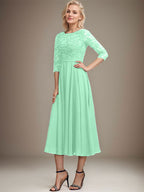 A-Linien-Kleid mit Rundhalsausschnitt, Teelänge, Spitze, Chiffon, Pailletten, für die Mutter der Braut